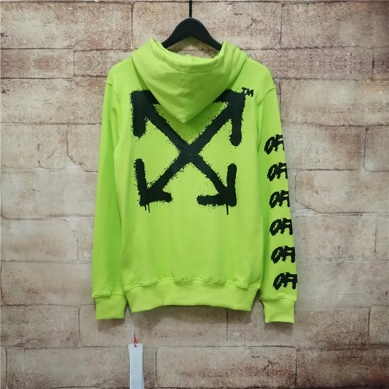 OFF-WHITE Ограниченная серия флуоресцентных зеленых брызг чернил стрелка печать дизайн с капюшоном негабаритных мужчин