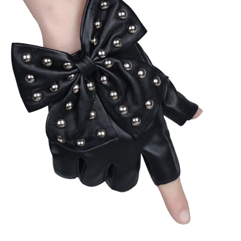 Rivets Stud Bow PU Leather Fingerless Glove Mitt Sport Riding Motor Batcave Goth Punk Rock Stage Party Harajuku Costume | Аксессуары для