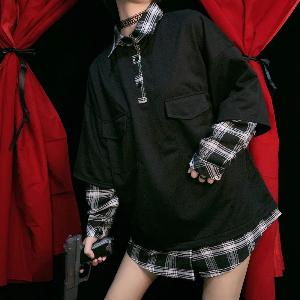 Ruibbit Harajuku панк Осенняя ретрорубашка в консервативном стиле женские Топы с длинным рукавом модные сексуальные уличные черные готические девушки