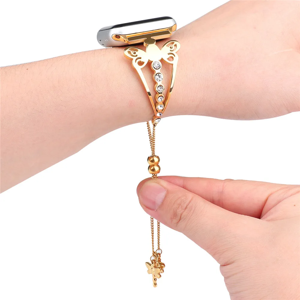 Ремешок для Apple Watch iWatch, серия 5 4 3 2 1, Женские Ювелирные изделия из металла с кристаллами, браслет с подвеской в виде стрекозы, 40, 44, 38, 42 мм