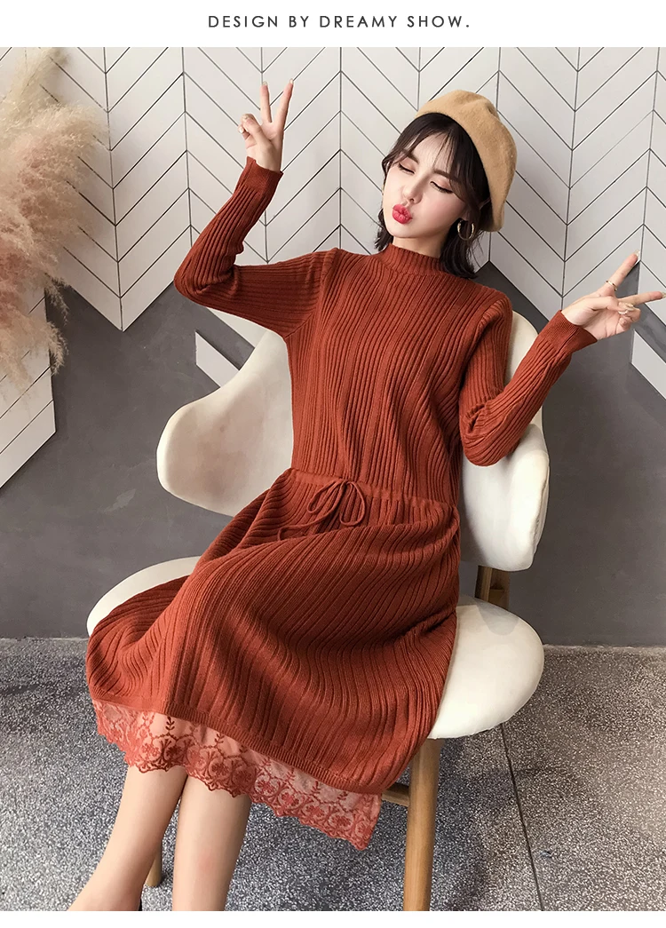 autumn and winter new sweater knit dress lace long sweater Korean fashion pregnant sweater