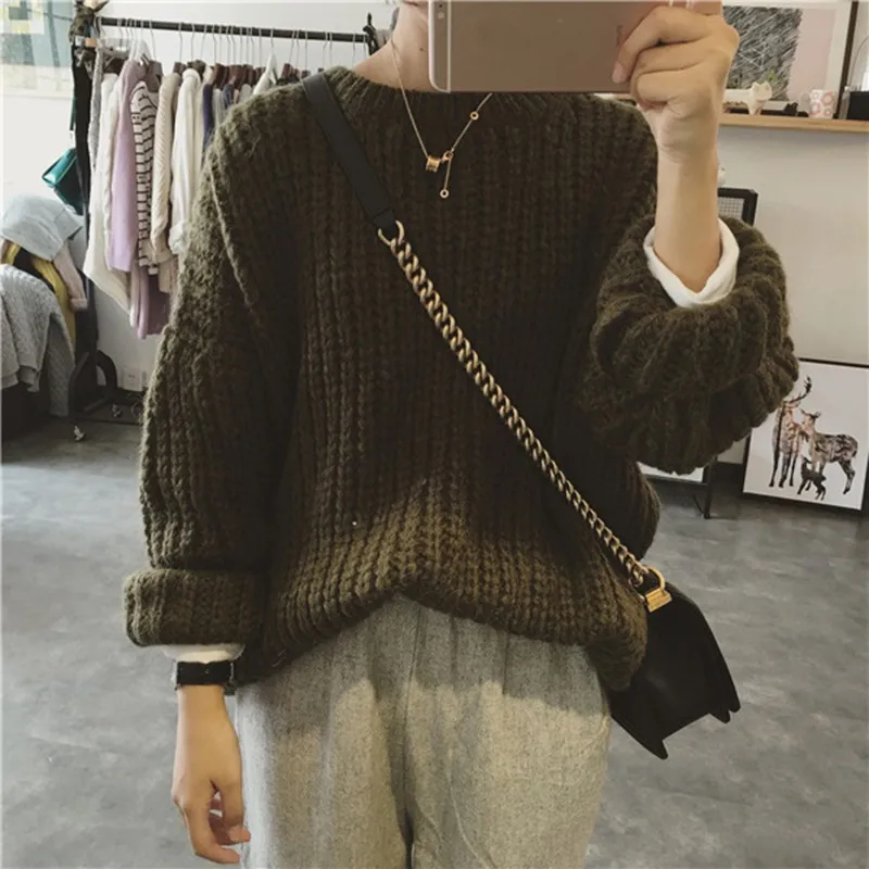 Women Autumn Winter Retro Knitted Sweater Long Sleeve Solid Color Long Pullovers Sweater
