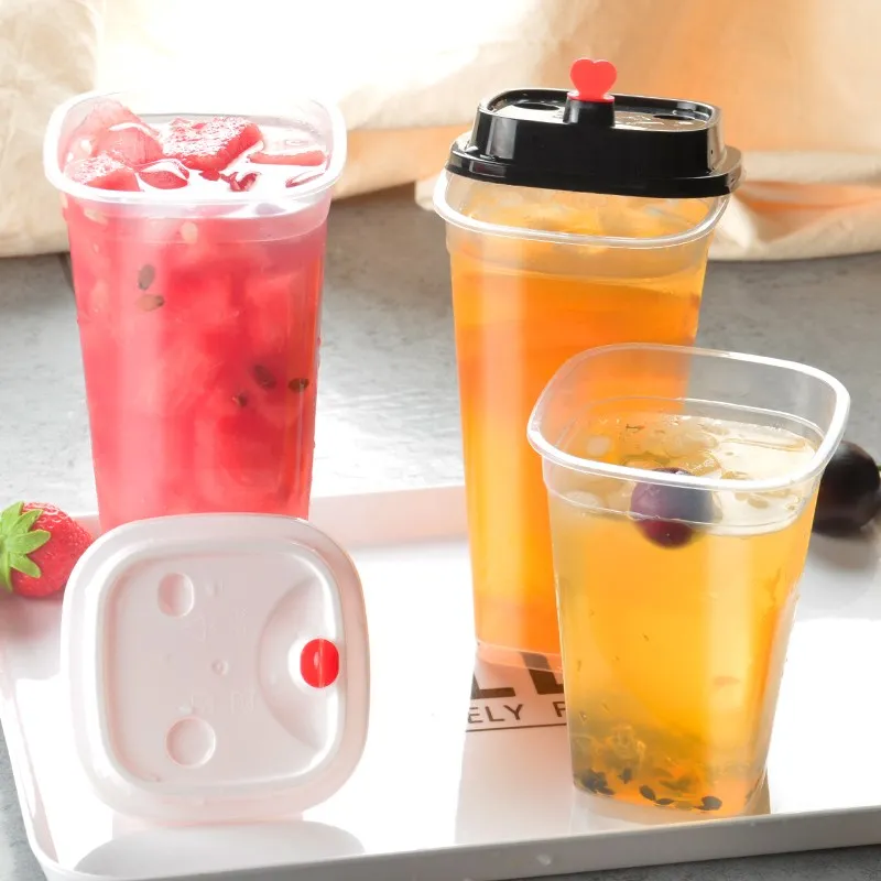 

50pcs High quality square milk tea coffee juice drink cup 400ml 500ml 600ml takeout packaging cup with red love cover thicken
