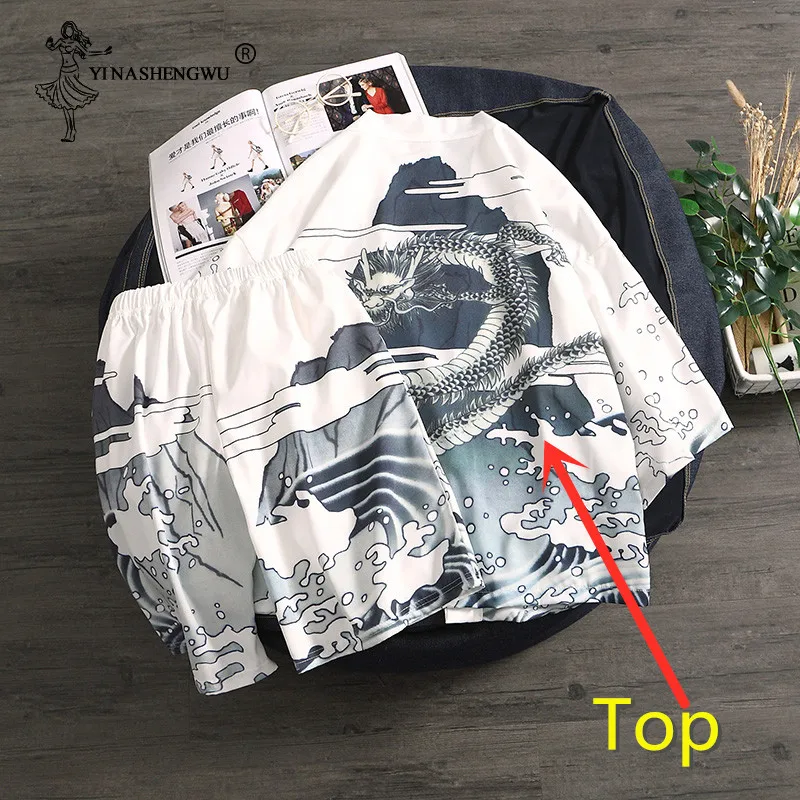 white top Кимоно Кардиган для мужчин юката женщин мужчин традиционное японское кимоно топ и брюки наборы летние пляжные тонкие повседневные рубашки Япония Кимоно - Цвет: white top