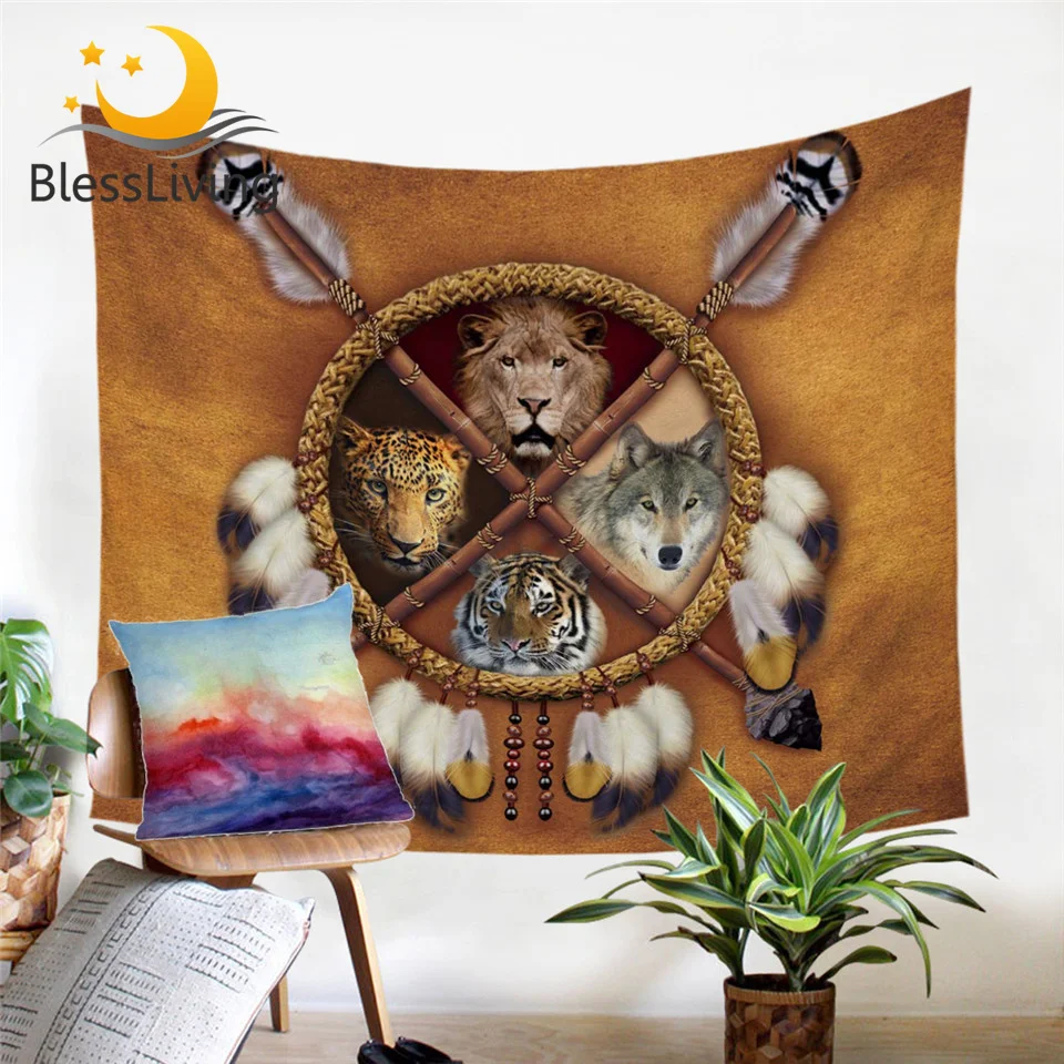 

BlessLiving Wolves Tapestry Wall Hanging Wolf Decorative Wall Carpet Dreamcatcher 3D Printed Bed Sheet Tribal Animal Picnic Mat