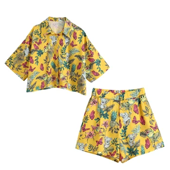 

New Summer Women two piece set Printed Beach Style Soft short tops blouse & printed casual shorts loose ensemble femme