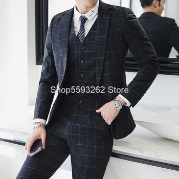 

Suit Suit Men Business Positive Pack Three-piece Set Slim Fit Groom Marriage Dress England Grid Suit Male Suit