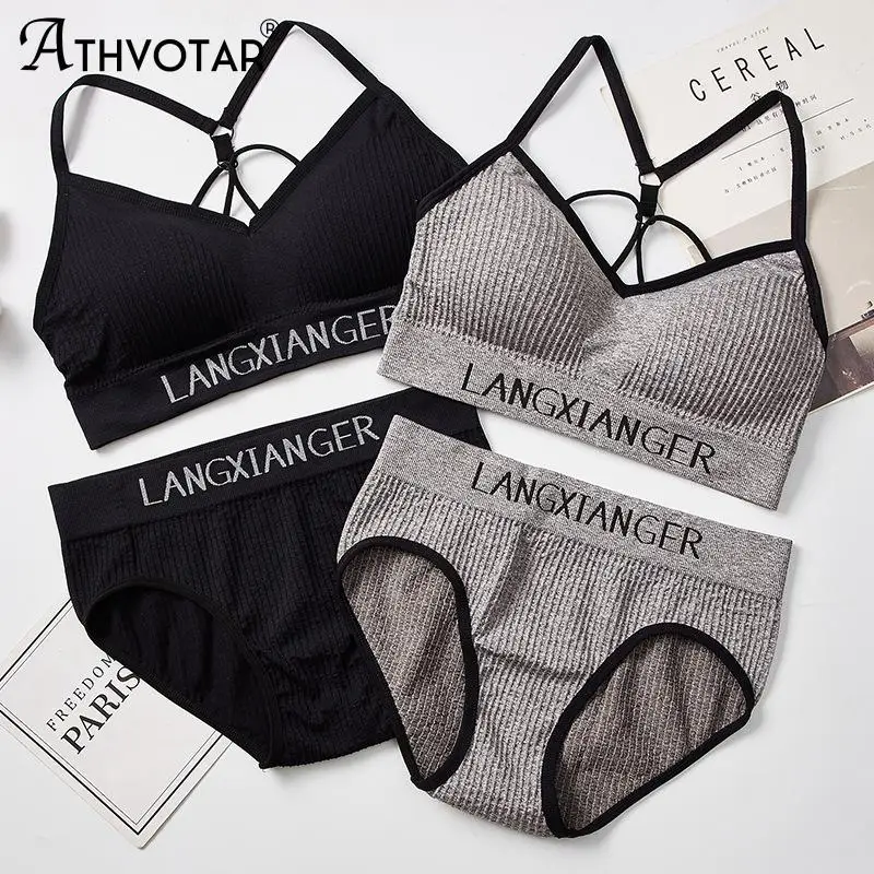ATHVOTAR Women Bra Lingerie Set Sexy Letter Thread Bra Suit ElasticPush Up Wireless Bralette Soft Panties Underwear Sets_voghion.com