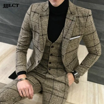 

European style fashion groom groomsmen three sets of men's large size British gentleman plaid wool men's suits