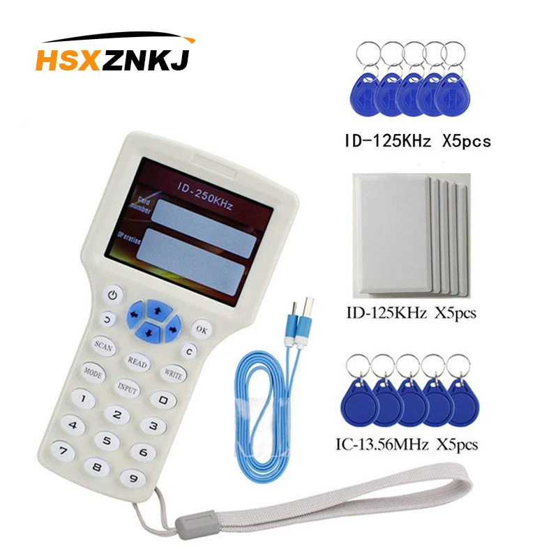 RFID NFC Card Copier Reader Writer duplicator English 10 Frequency Programmer for IC ID Cards and All 125kHz Cards +5pcs ID 125k