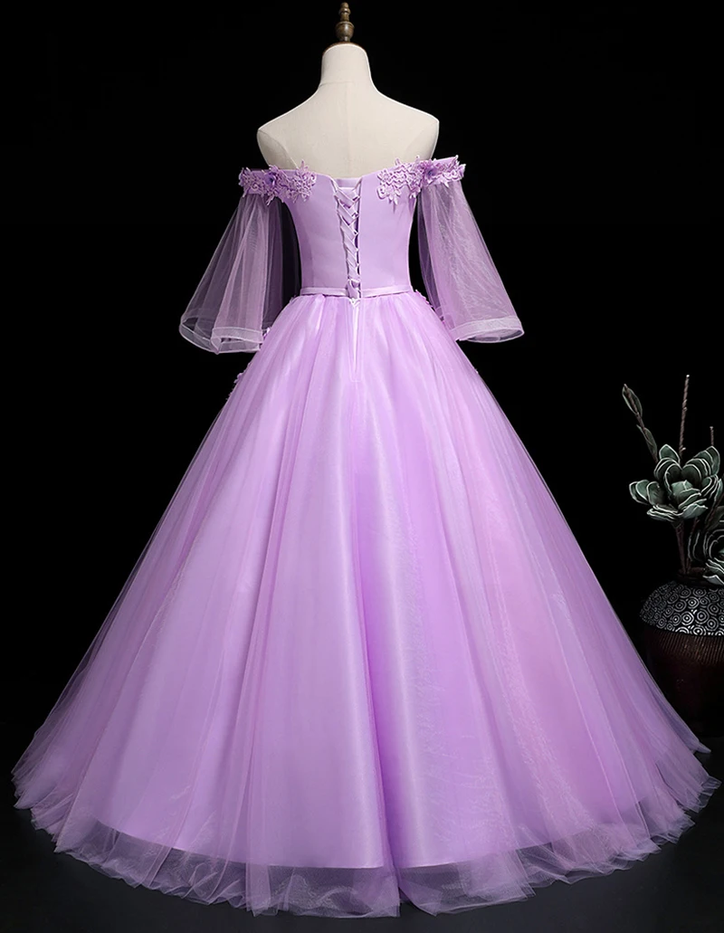 Фиолетовые бальные платья Милая Тюль с кружевом Половина рукава Vestidos De 15 Anos сладкий 16 платья Бальные вниз платья выпускного вечера