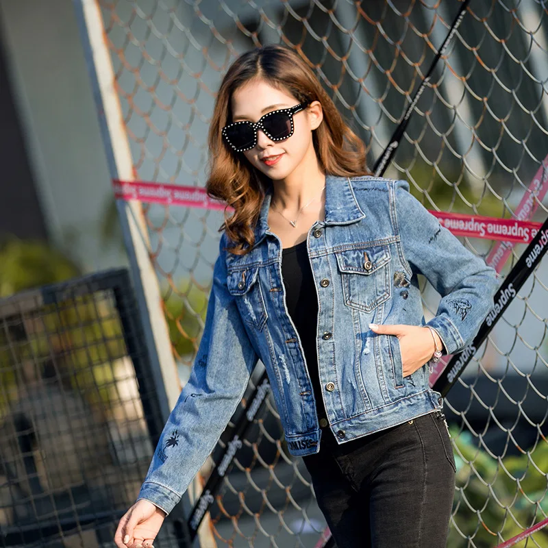 

2019 Spring Clothing New Style Jeans Coat Women's Harajuku BF Style Versatile Printed Letter Long Sleeve Korean-style Students S
