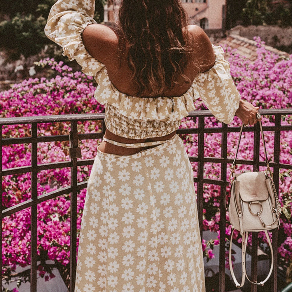 2 шт женский цветок с открытыми плечами рюшами с длинным рукавом укороченный топ Сплит макси юбка набор