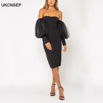 

UKCNSEP New Arrival Long Puff Sleeve Women Bandage Dress Sexy Slash Neck Bodyocn Autumn Dress Elegant Club Party Dress Vestidos