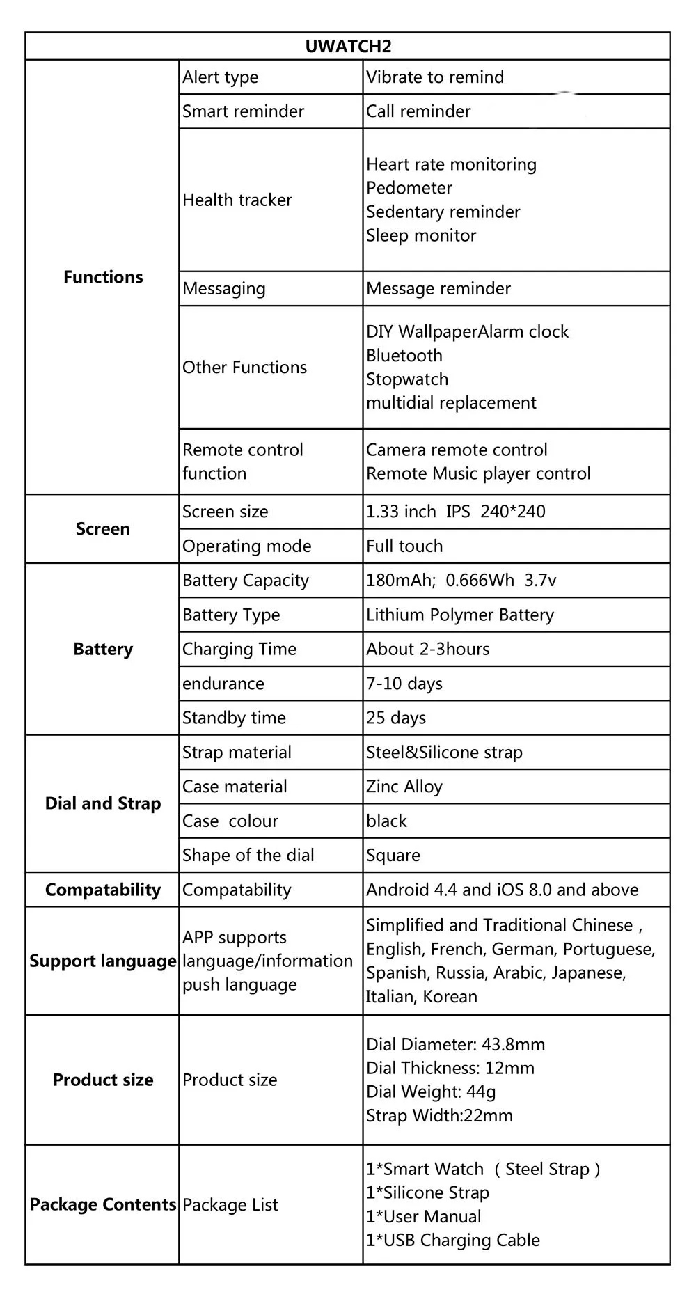 Новая мода Uwatch2 Смарт-часы для Andriod, IOS 1,3 дюймов полный сенсорный экран IP67 25 дней в режиме ожидания 7 спортивных режимов полный металлический корпус