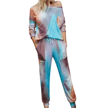 

2020 fall 2 pc set for women Ladies gradient pajamas tie-dye long-sleeved trousers sweat suits women crop top tracksuit womens