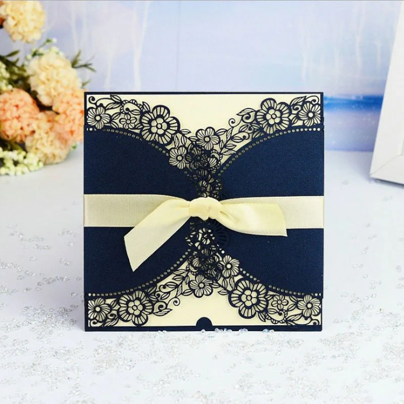 

Navy Blue Birthday Invitations Card Laser Cut Wedding Invitation Card With Ribbon Personalized Wedding Decor Party Supplies