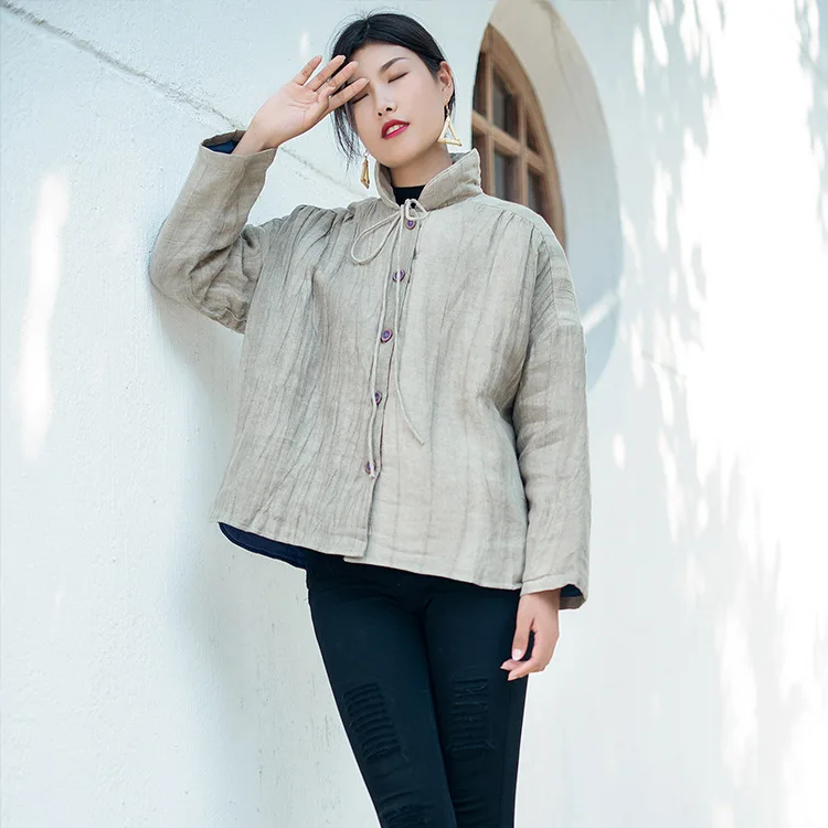 

Texture Wrinkled Linen Small Cotton-Padded Jacket Literature And Art Retro Peter Pan Collar Lace-up by Age Single Breasted Cotto
