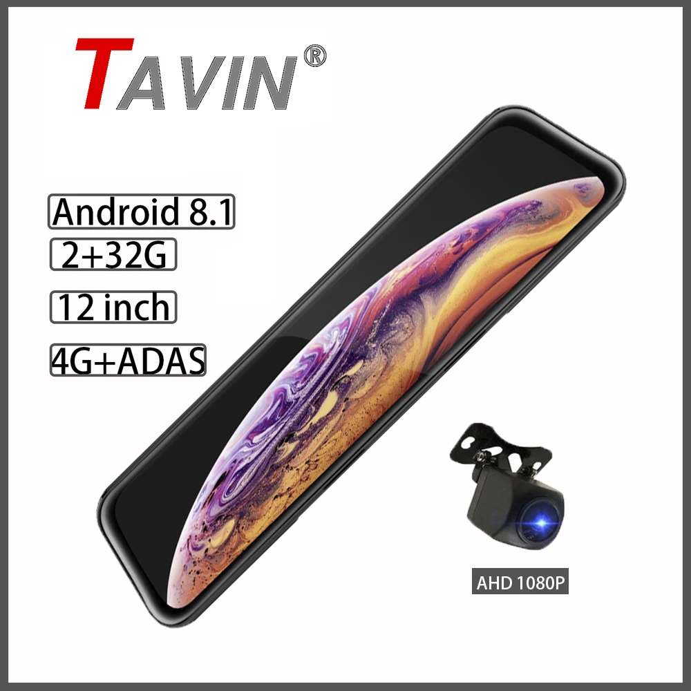 TAVIN 4G wifi DVR Android 8,1 ADAS Dash Cam 12 дюймов 1080P сенсорный экран зеркало с экраном камеры заднего вида gps Радар детектор циклический рекордер