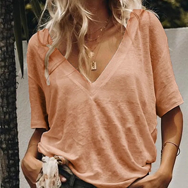 S-5XL Summer Solid T Shirt Ladies Sexy V Neck Short Sleeve Tshirt Casual Loose Basic Black White T-Shirt Tee Tops for686_voghion.com