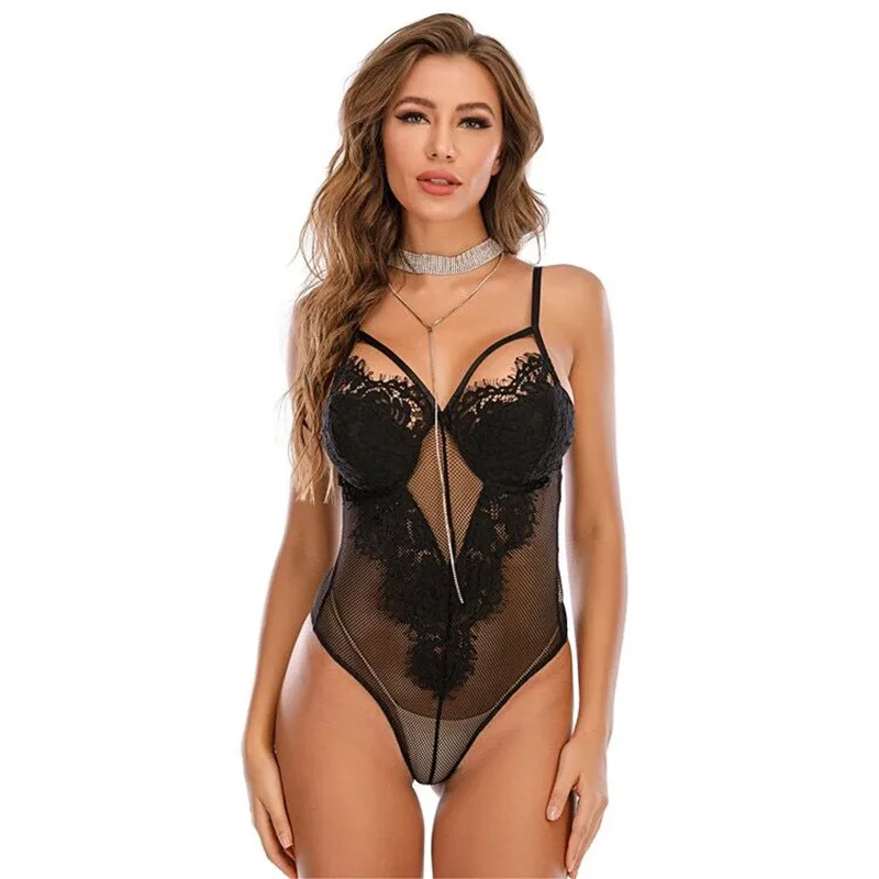 

Women Sexy Lace Mesh Suspender Stitching Bodysuit One Piece Lingerie Underwear