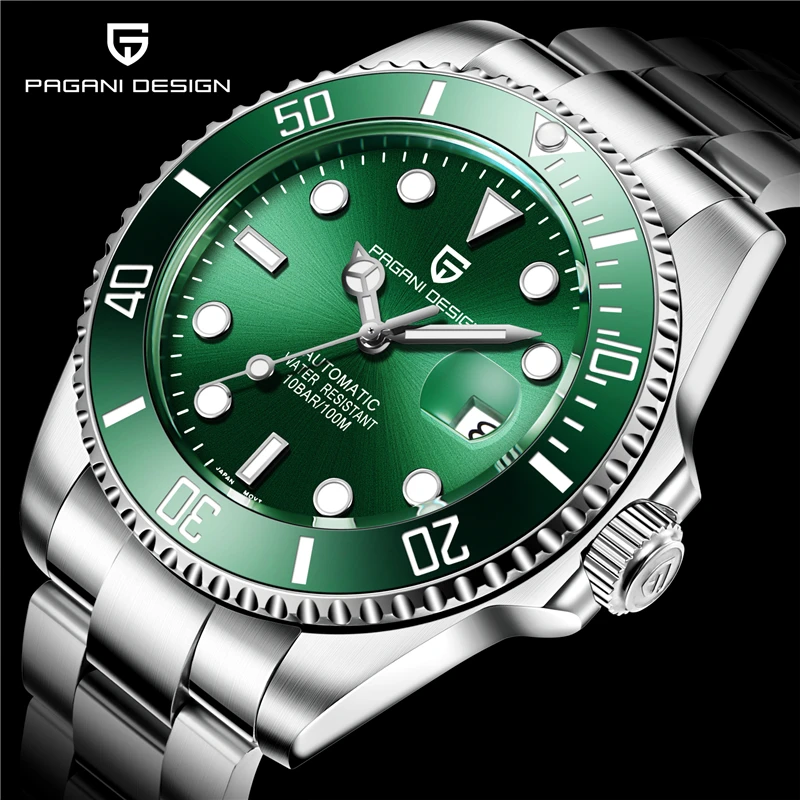 PAGANI DESIGN Men's Analog Mechanical Automatic Sapphire Glass Watch with Stainless Steel Bracelet PD-1639 43MM Green Big Face 38mm round glass analog hygrometer for humidors for guitar violin cigar drop shipping