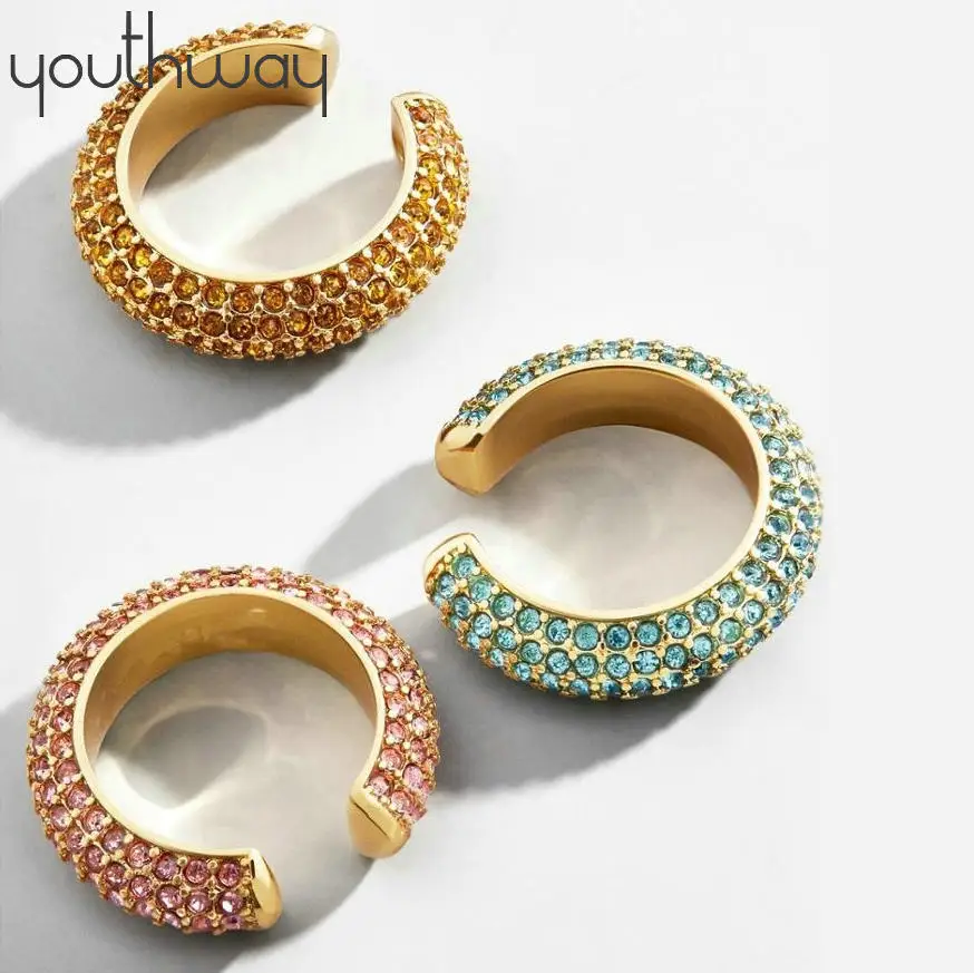 Colorful Rhinestone paved earcuffs without hole Rainbow Ear Cuff C shape no piercing nickel free clip on earrings