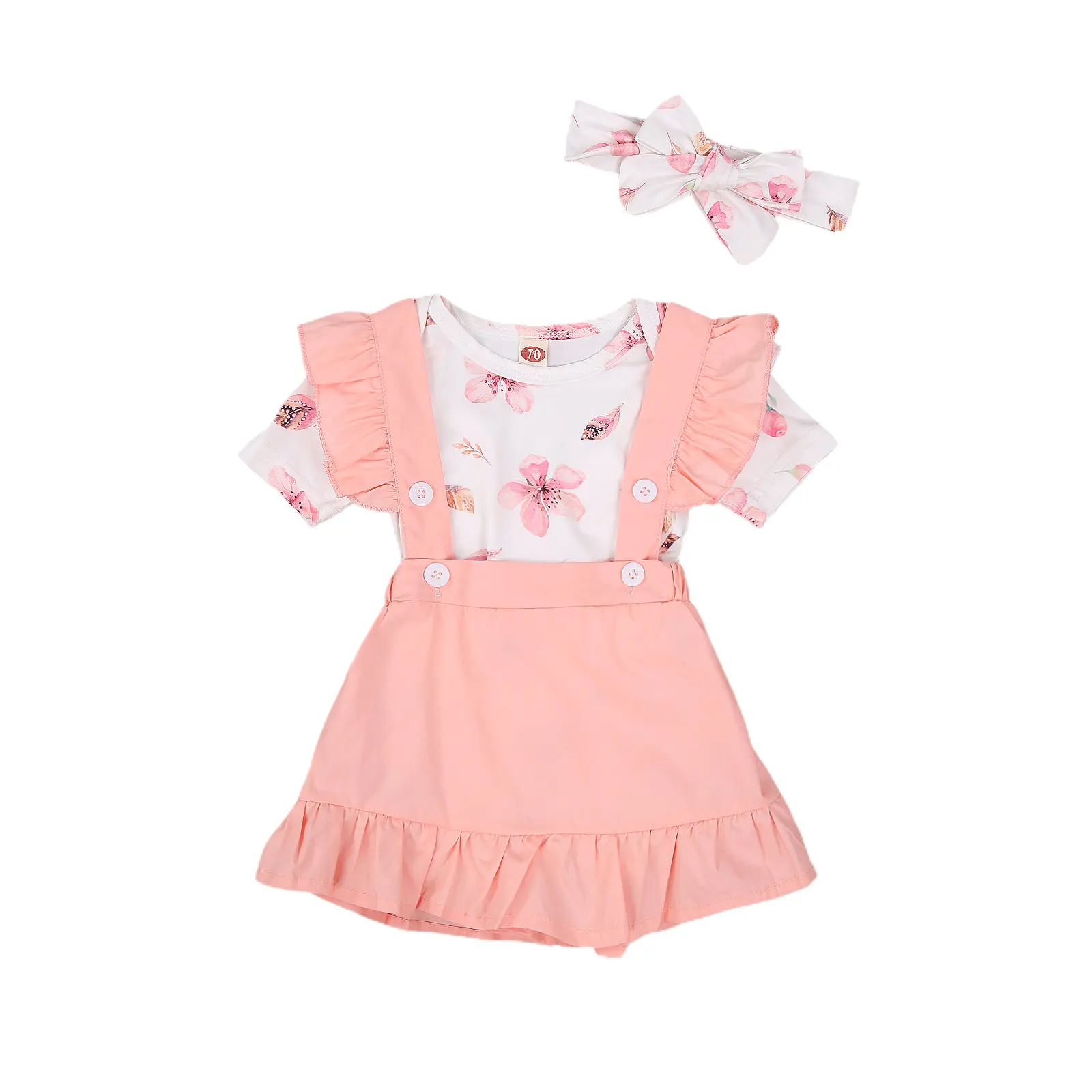 

Pudcoco 2020 Autumn 0-18M Infant Baby Girls 3Pcs Set Floral Print Flared Short Sleeve Bodysuit+Pink Suspender Skirt+Headband
