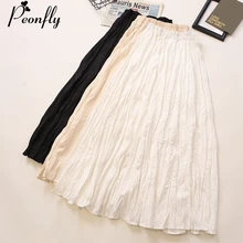 PEONFLY, новинка, модные белые одноцветные длинные юбки со складками, женские корейские повседневные трапециевидные плиссированные макси юбки с высокой талией для женщин