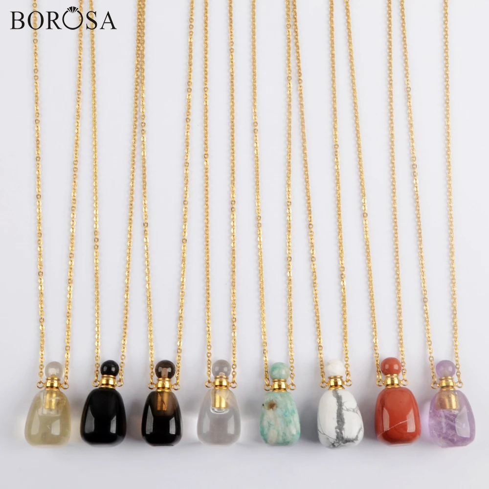 

Gold Color Gems Stones Perfume Bottle Necklaces for Women Natural Agates Crystal Essential Oil Diffuser Necklace Charms WX1611