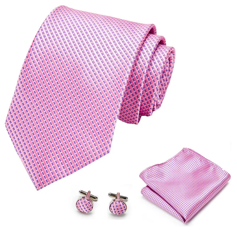 

Party Wedding Classic Fashion Pocket Square Tie set Woven Men Tie Plaid & Check Handkerchief Necktie Set Pink