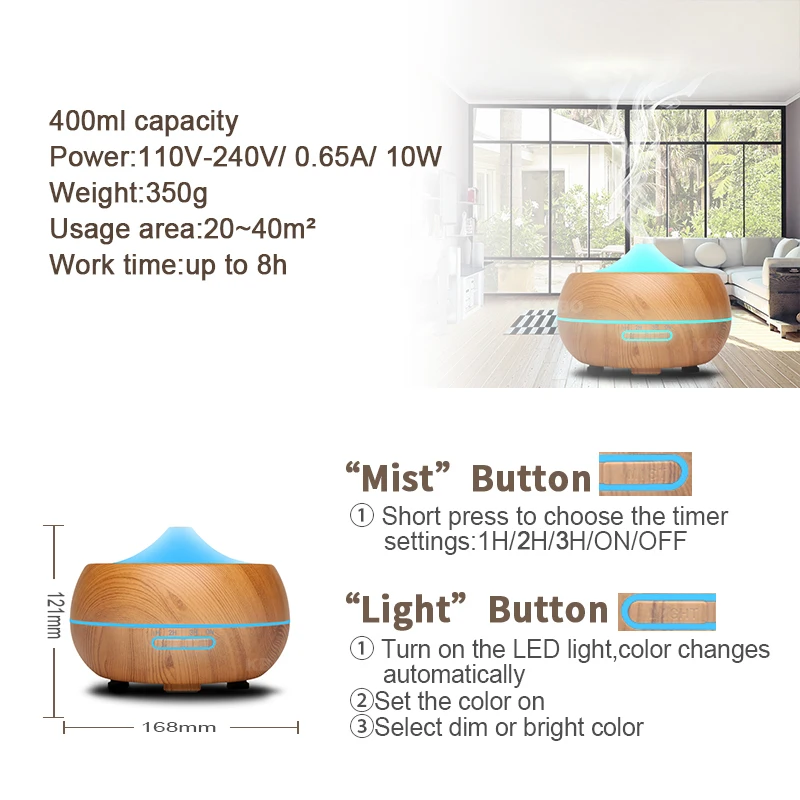 300ml Air HumidifierMist Cool Humidifier Aromatherapy Diffuser Ultrasonic Humidifier Aroma Essential Oil Diffuser 7-Color LED