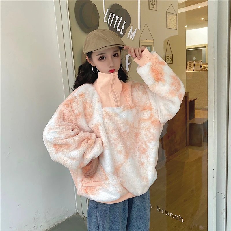 Tie Dye Faux толстовки из овечьей шерсти женские толстовки на молнии осенние модные повседневные толстовки с длинным рукавом из пушистого флиса