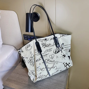 

HOT French Design Fashion Large-capacity Graffiti Tote Bag & Elegant Canvas Bucket Bag Shoulder Bag Width 50cm Height 33cm