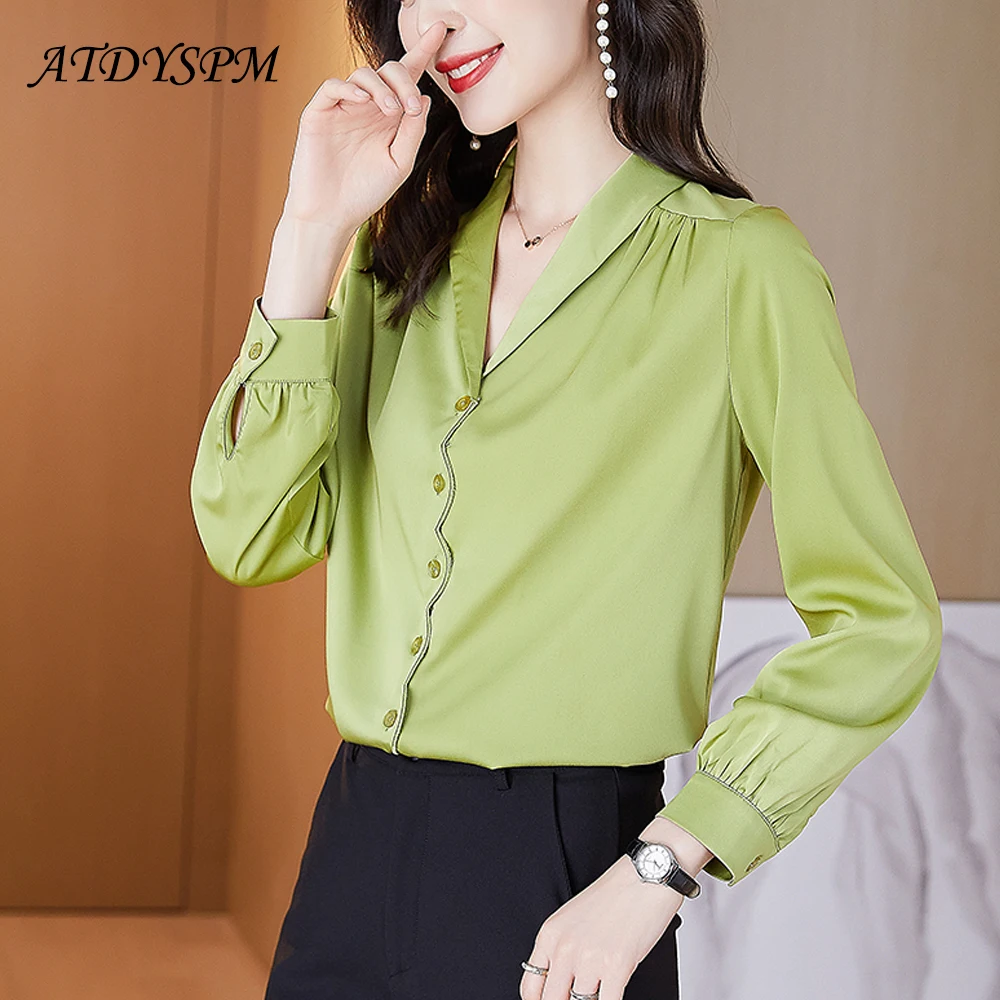 Elegant Women Shirts Office Lady OL Tops 2021 Autumn New Plus Size Satin Silk Blouse Female Casual Buttons Loose Clothing | Женская