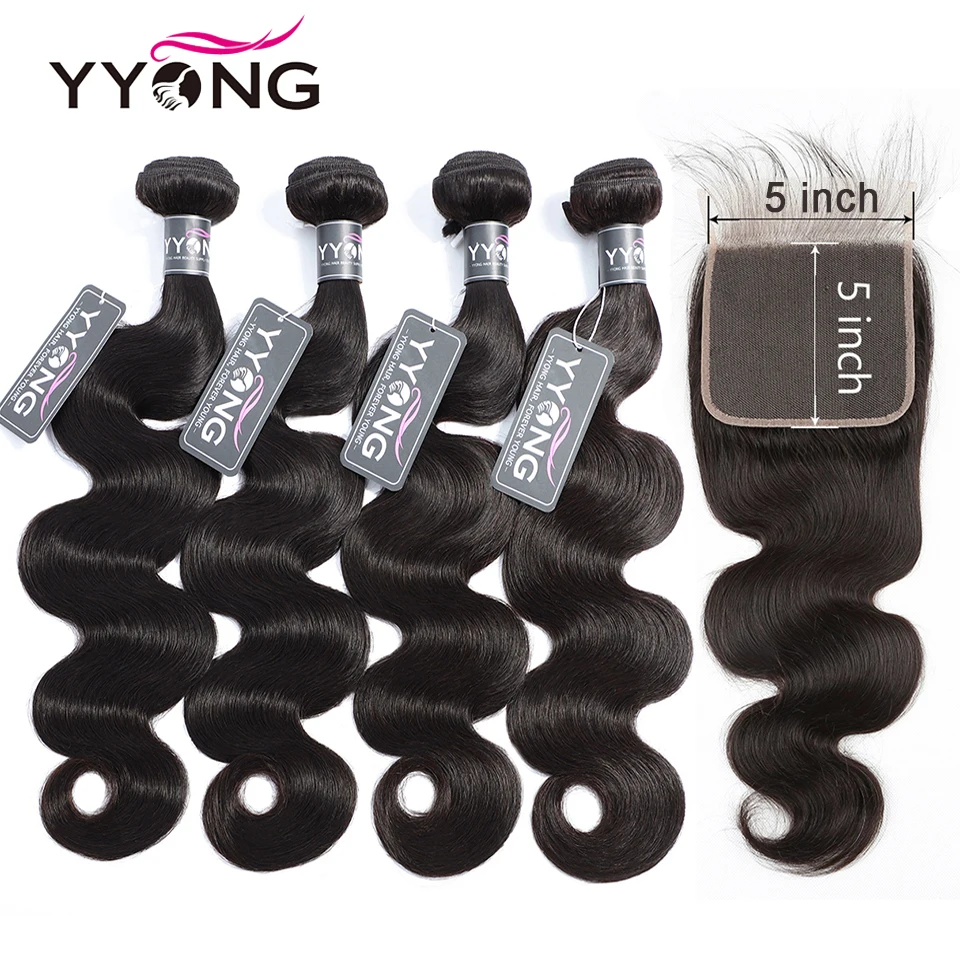 

Yyong Hair Brand 5x5 Closure With Bundles Brazilian Body Wave 5pcs Remy Human Hair Bundles With Lace Closures Full And Smooth
