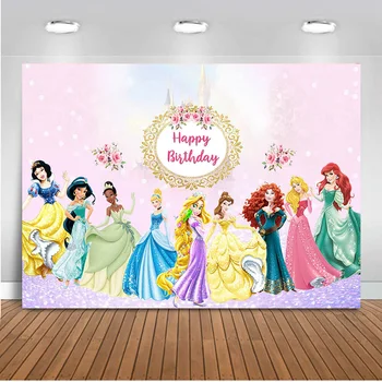 

Photography Backdrop Princess Cartoon Pink Flower Gold Frame Girls happy Birthday Party Background For Photo Studio 7x5FT castle