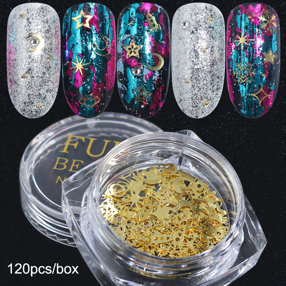 120pcsbox 3D Metallic Alloy Nail Art Decorations Sequins Gold Snowflake Star Moon Flakes Paillete Manicure Accessories LY970-C (7)