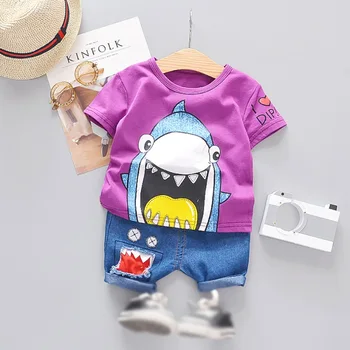 

Multicolor Summer Children's Baby Boys Short Sleeve Cartoon Shark Pattern T-shirt Blouse+Denim Shorts Casual Outfits Sets