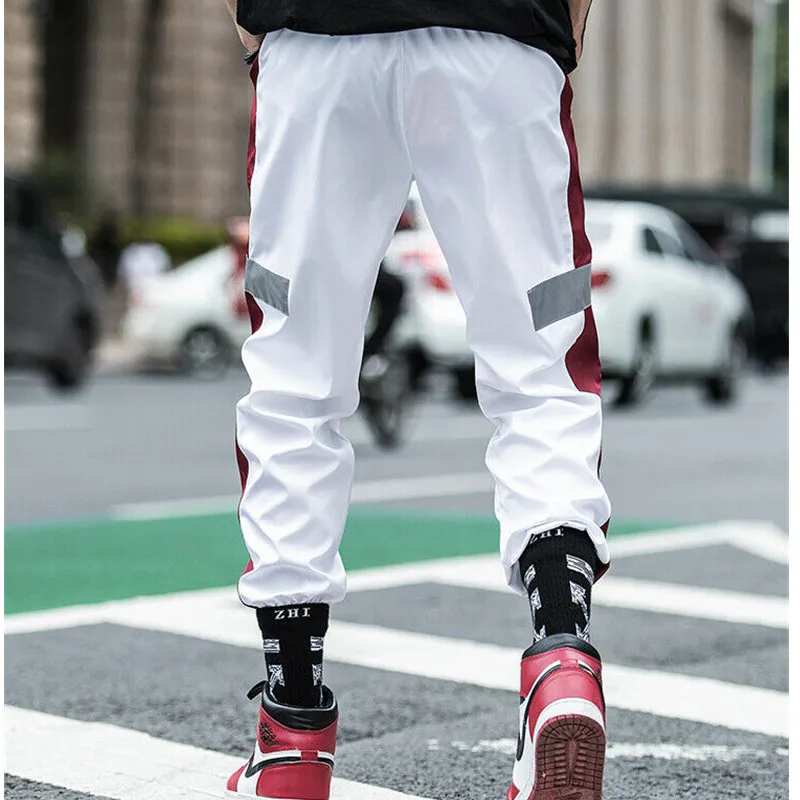 Hirigin Side Stripe Track Hip Pop Men s Long Patchwork Reflective Track Pants Joggers Elastic Waist 3
