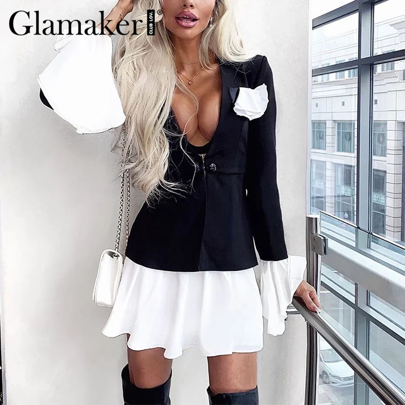 Glamaker Черное короткое платье с глубоким v-образным вырезом, женское сексуальное клубное мини-платье с длинными расклешенными рукавами, облегающее платье с оборками, элегантное вечернее платье