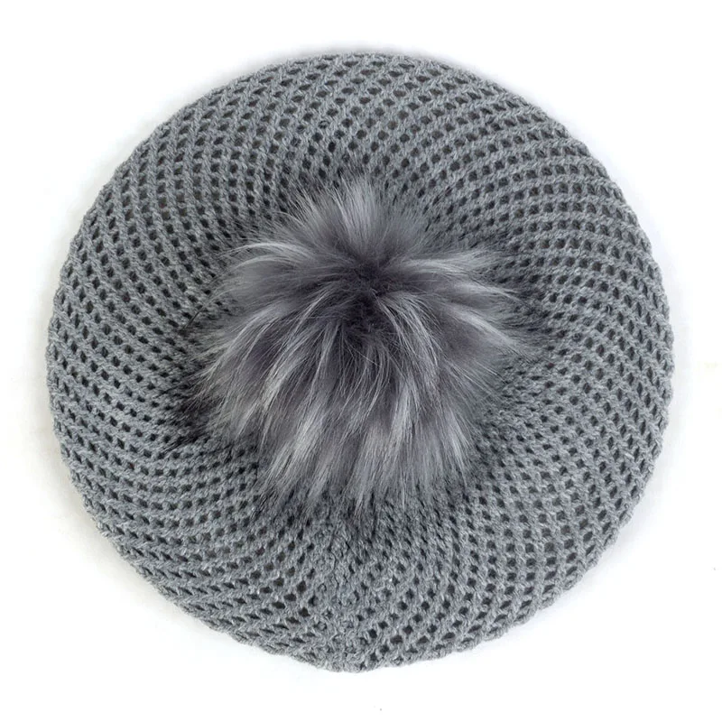 Двухслойные Утепленные зимние теплые вязаные шапки для женщин, женские Берет для художника с помпон из искуственного меха, модные женские повседневные Шапки - Цвет: Light Gray17