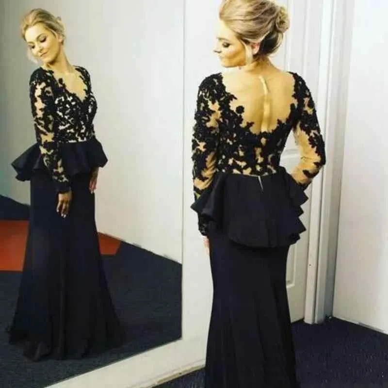 Винтажное черное кружевное платье для матери невесты, vestido de madrinha, иллюзия, длинный рукав, открытая спина, с рюшами, официальный для матери
