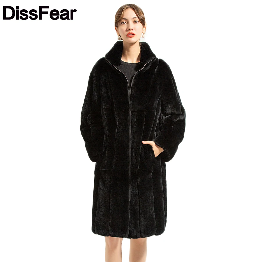 Черный 100cm Rex Rabbit Fur Coat Thick Warm Winter Women Clothing Overcoat Women Natural Fur Stand Collar Jacket - Цвет: Черный
