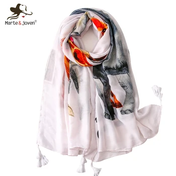 

Marte&Joven Bohemian Lion Pattern White Tassels Scarf Women Charming Giraffe Print Spring Autumn Warm Wraps Shawl for Female