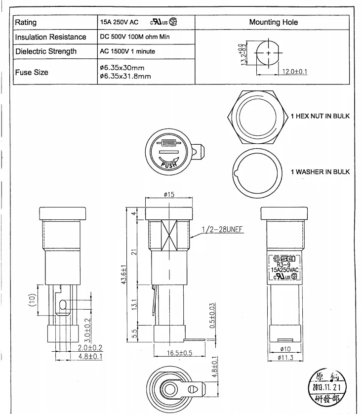 R3-9A/Тайвань SCI держатель предохранителя/PBT(UL пламя: 94V-0)/15A 250V 6*30mm/предохранители/2 шт в упаковке/без предохранителя внутри