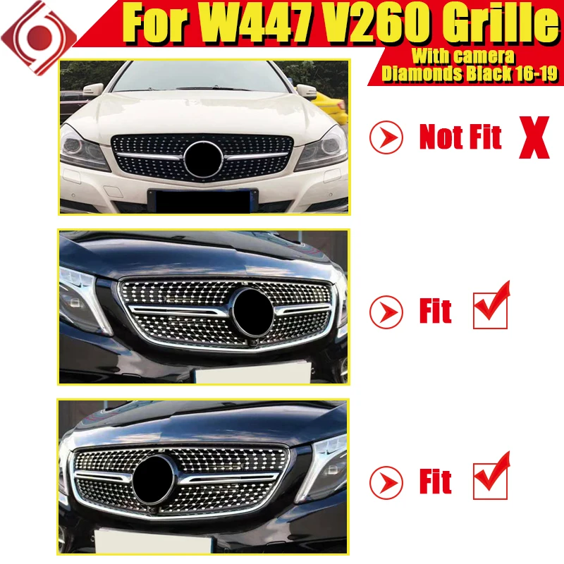 Для MB Mercedes V250 V260 W447 Metris Vito передний бампер Алмазный стиль решетка гриль решетки ABS Глянец серебро без камеры 16-19