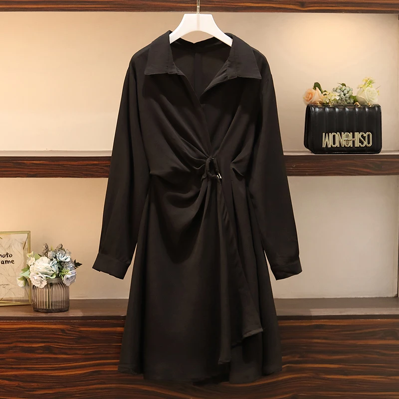 Black Elegant плюс размер женское элегантное платье-рубашка осень корейская мода морщинистая пряжка с длинным рукавом Женские платья а-силуэта зеленый - Цвет: Black