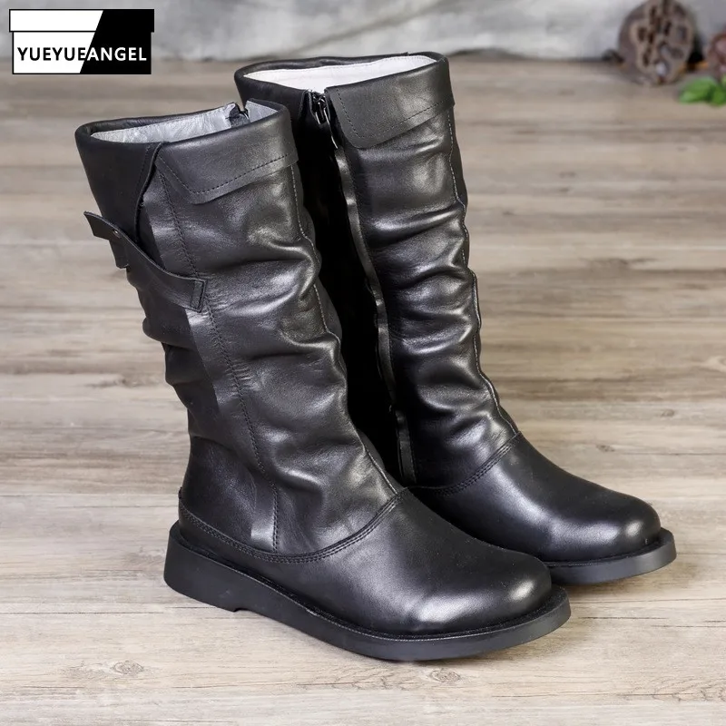 

Fashion 2019 Winter Fleece Lining Women Mid Calf Boots Genuine Leather Combat Boot Female Casual Platform Flats Riding Shoes