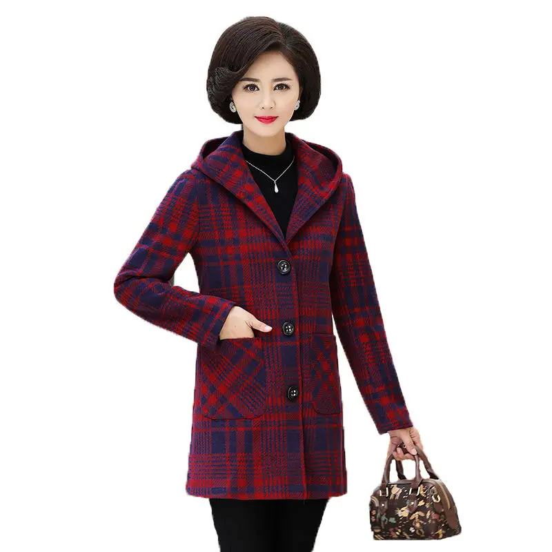 

Mother Clothing Wool Coat Autumn Winter Plus Size Woolen Blend Jackets Middle-aged Women Coats Female Hooded Overcoat Plaid Coat